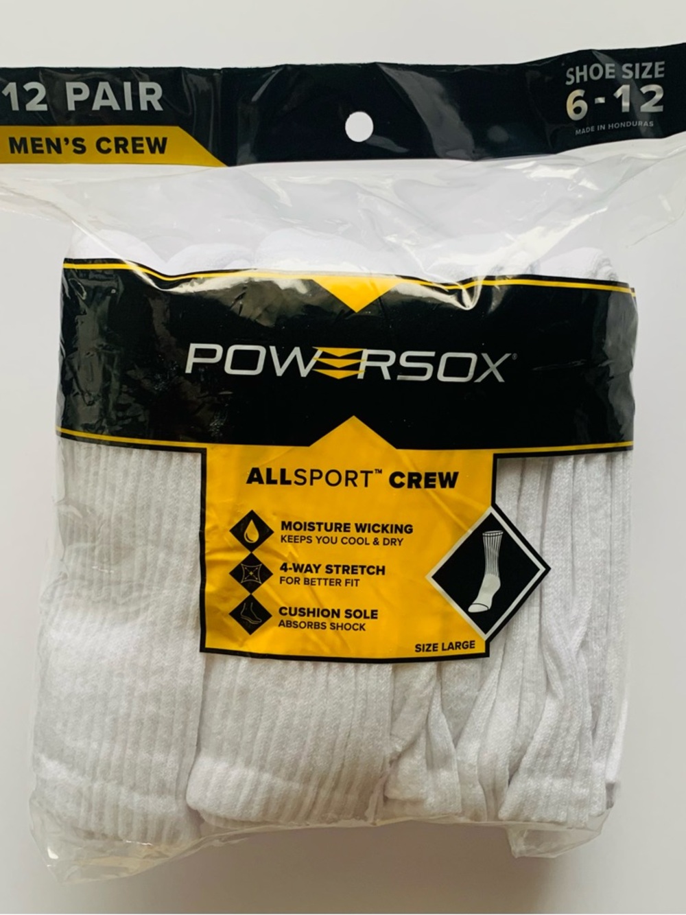 Powersox Allsport Moisture Wicking White Men’s Crew Socks Size: 6-12 Qty: 12